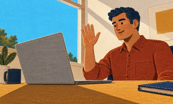 A stitched-texture illustration shows a man in a rust shirt seated at an ochre desk, raising an open hand toward an open gray laptop.