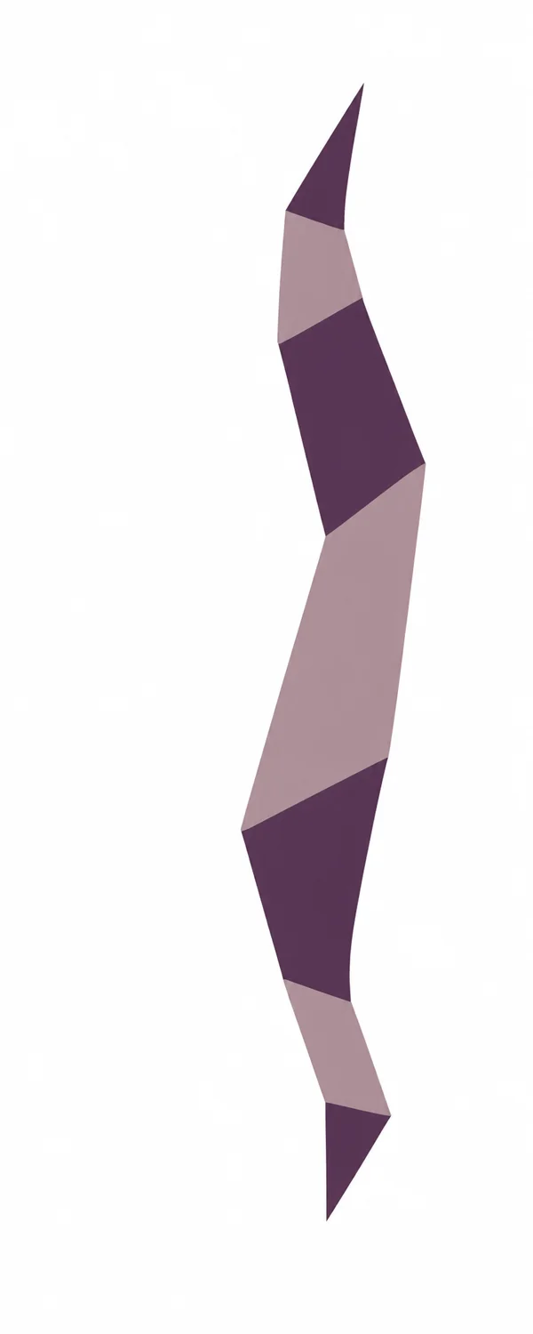 A narrow, vertically meandering ribbon of alternating aubergine and dusty mauve polygonal sections sits on a white background, with broad empty space around it.