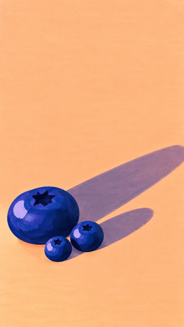 Three blue berries sit near the lower-left of a warm peach surface, with long violet shadows extending diagonally toward the upper right and broad empty space…
