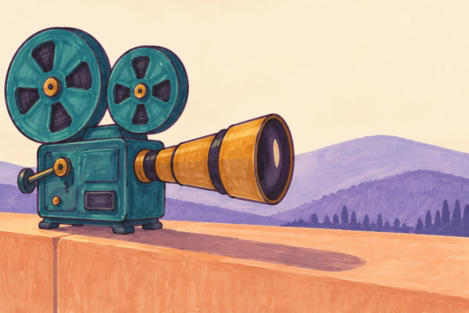 A hand-drawn teal twin-reel movie camera with an extra-long ochre lens rests on a peach terrace ledge, with lavender hills and dark tree-like silhouettes in…