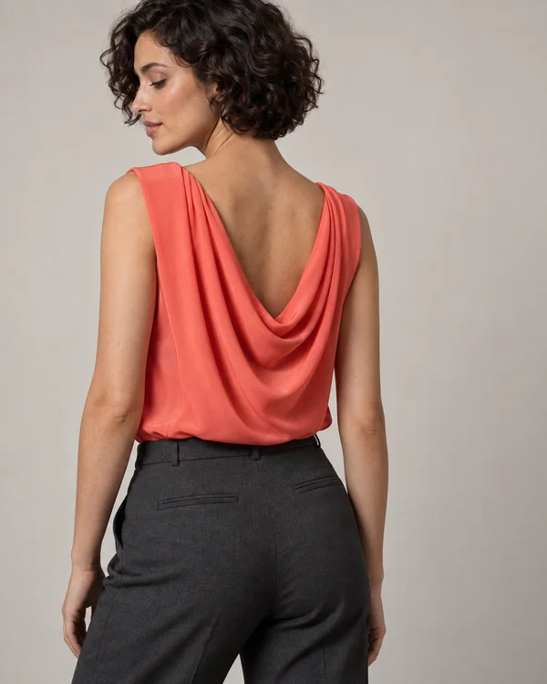 A woman with short dark curls looks over her shoulder in a coral draped-back sleeveless blouse and charcoal trousers against a pale warm-grey studio backdrop.