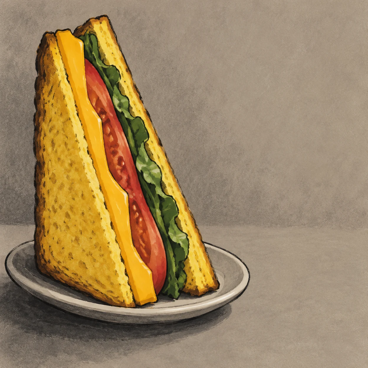 A tall triangular sandwich with yellow bread and visible bands of cheese, tomato and leafy greens stands on a shallow oval plate against a warm-grey textured…
