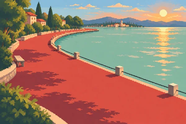 A broad crimson promenade curves beside a mint-green lake toward a distant village, with trees and buildings along the left shore, a low post-and-cable…