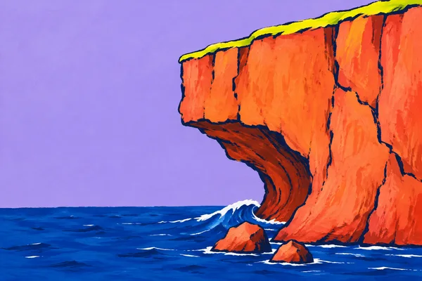 A large orange-red coastal cliff fills the right side of the image, its overhanging face curving into a deep notch above a cobalt sea.