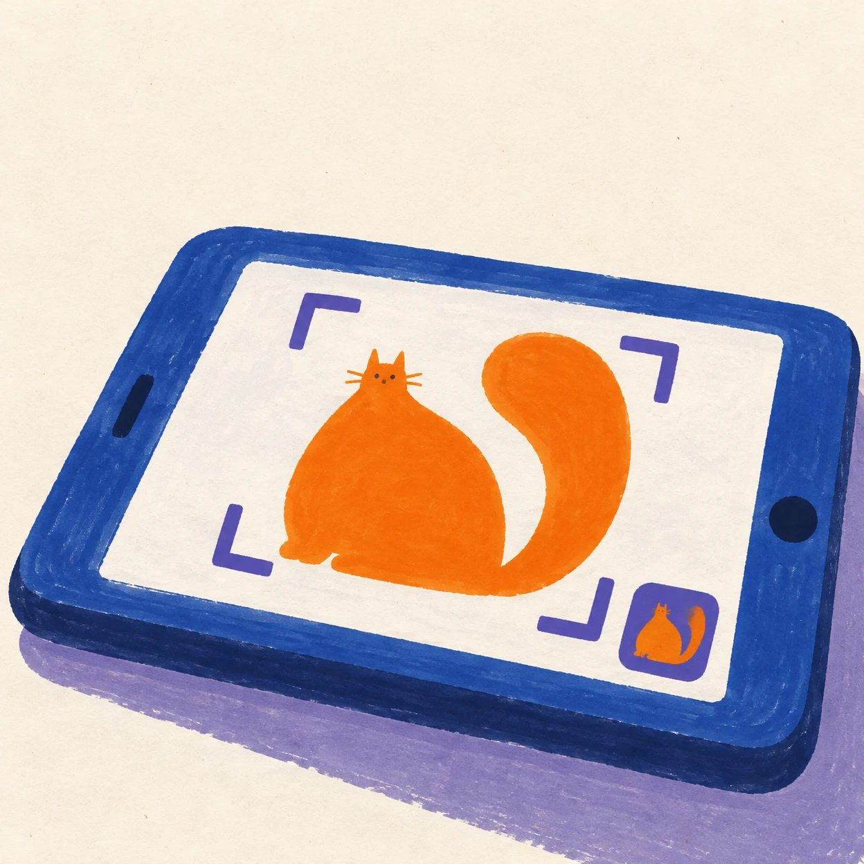 A hand-drawn marker illustration of a blue tablet lying diagonally on a warm off-white textured background.
