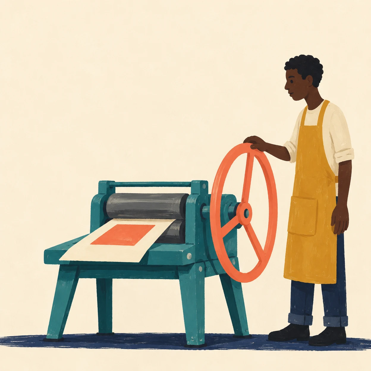 A Black printer in an ochre apron stands beside a teal tabletop press, resting one hand on a large coral crank wheel as an ivory sheet with a coral rectangle…