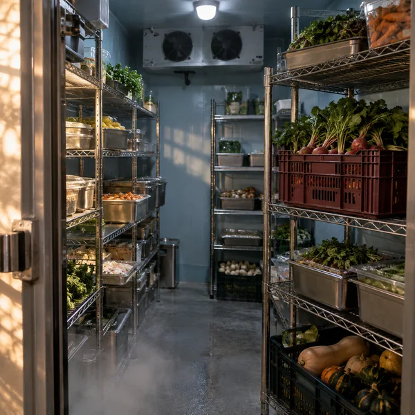 A walk-in refrigerator viewed from its open doorway, with stainless shelving holding metal food pans, leafy greens and assorted vegetables.
