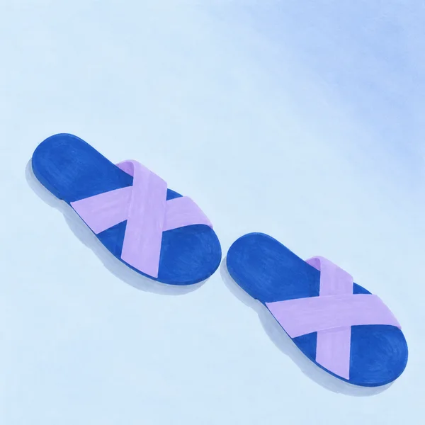 Two cobalt-blue sandals with broad lavender crossed straps lie diagonally across a pale icy-blue surface, with soft shadows and ample empty space above.