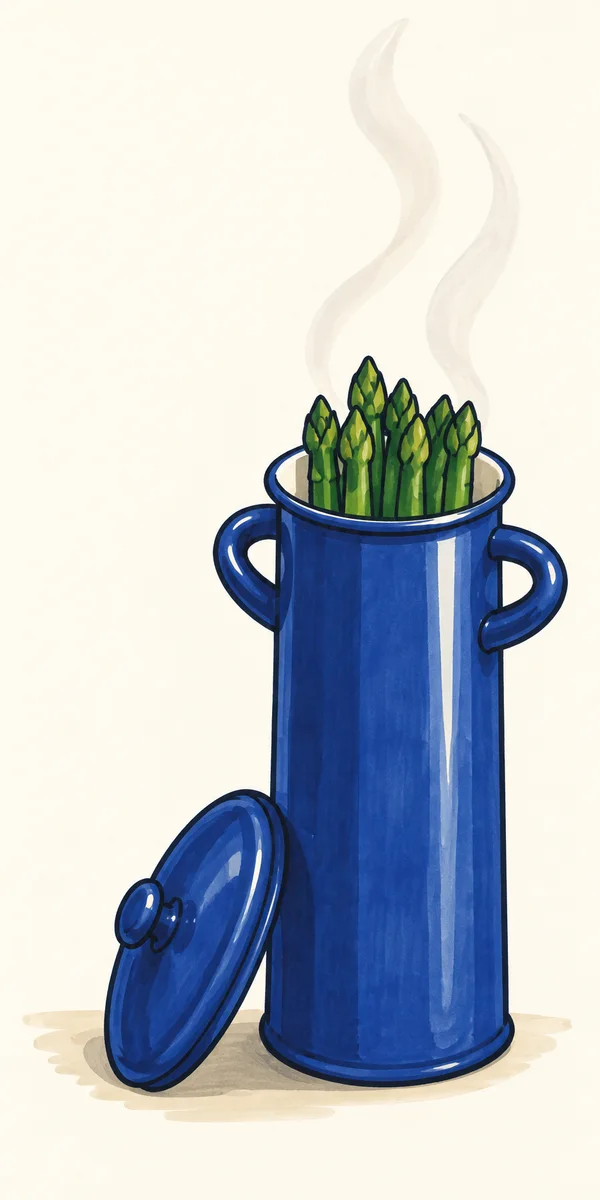 A tall cobalt-blue enamel asparagus steamer stands on an ivory background, with upright green asparagus in its open top, two pale steam curls above it, and an…