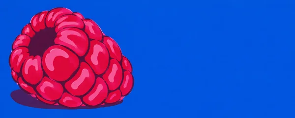 A large hot-pink and red raspberry fills the left side of a blue landscape illustration, with a dark hollow near its upper end, thick plum outlines, and a plum…