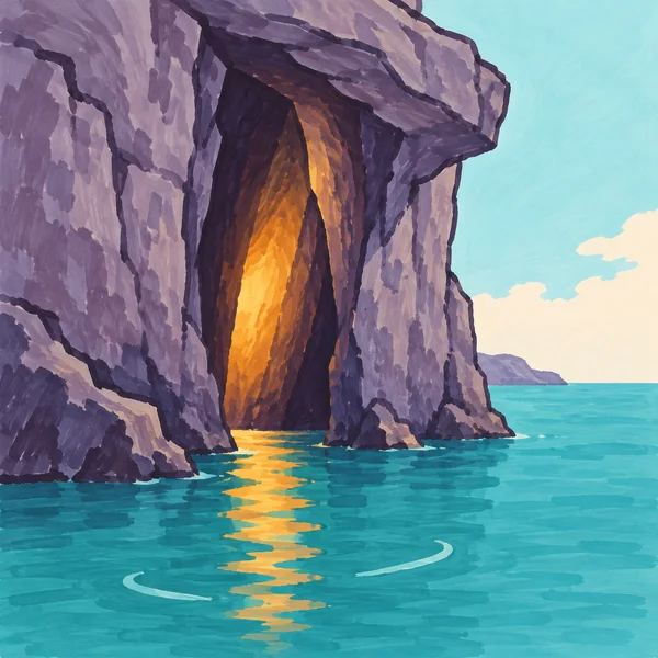 A tall, narrow cave with a bright amber glow opens in a muted-violet coastal cliff above turquoise water; the glow reflects across the sea, with pale sky and…