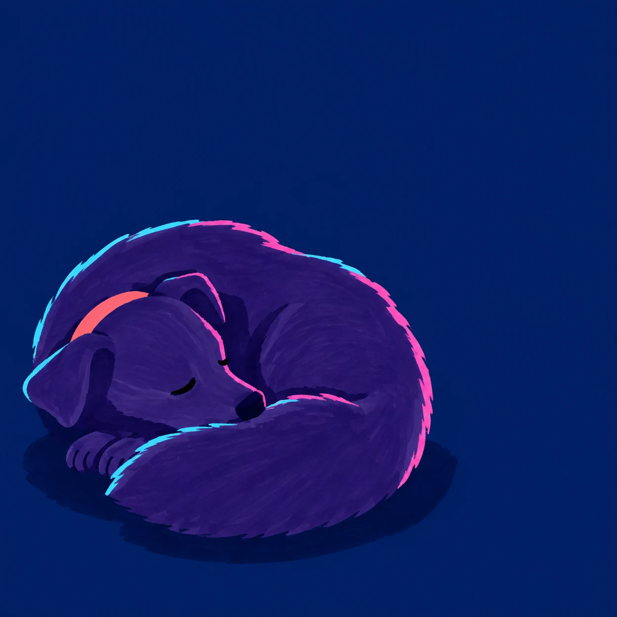 A curled violet dog sleeps in the lower-left of a dark blue square illustration, its large tail wrapped around its body and cyan and hot-pink strokes tracing…