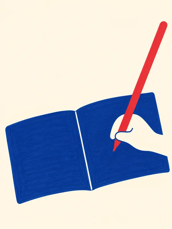 A deep-blue open diary lies diagonally on a warm cream background, with a cream hand cutout gripping a long red pen over the right page.