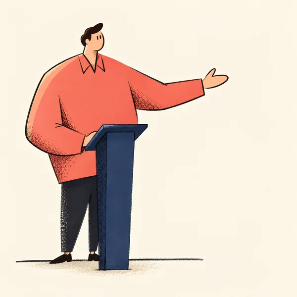 A presenter in an oversized coral shirt stands behind a tall navy lectern, extending one arm to the right in an open gesture against a warm ivory background.