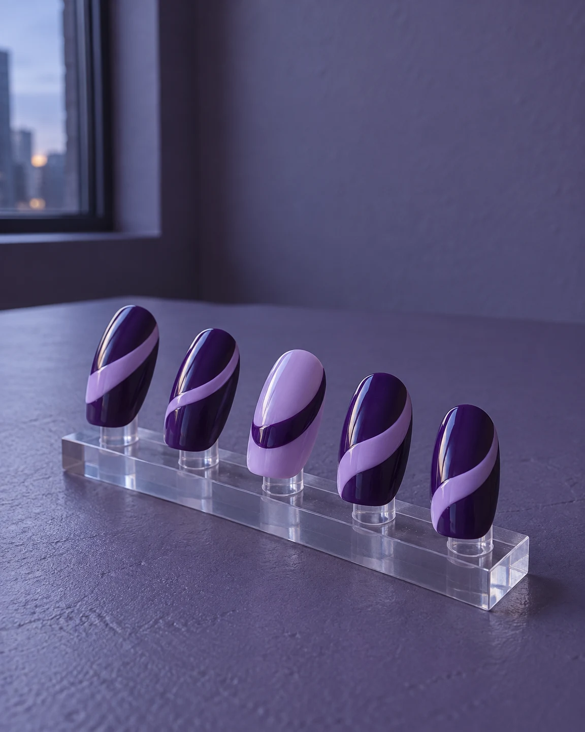 Five glossy press-on nail tips stand in a stepped diagonal on a clear acrylic bar atop a violet worktable.