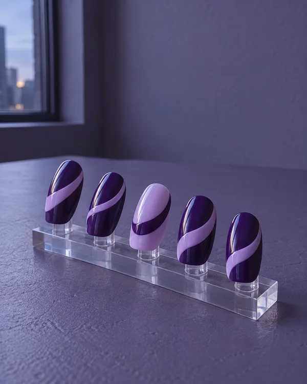 Five glossy press-on nail tips stand in a stepped diagonal on a clear acrylic bar atop a violet worktable.