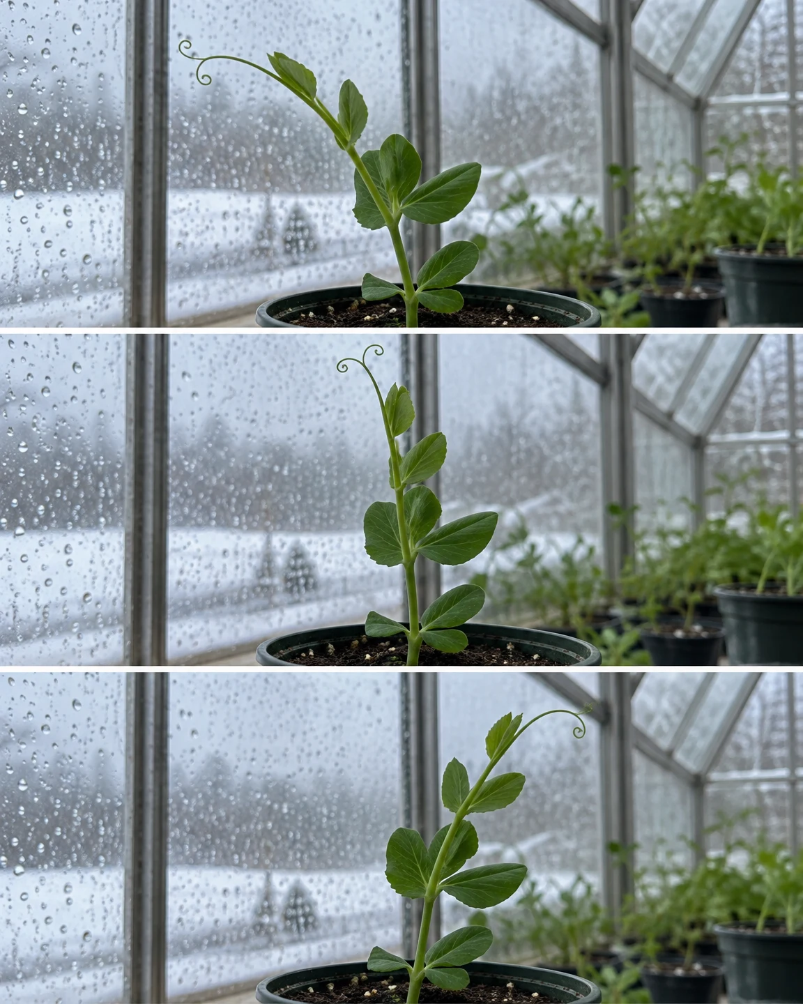 Three stacked photographs show a young pea plant in a nursery pot inside a greenhouse, its curled tendril angled left, upright, then right.