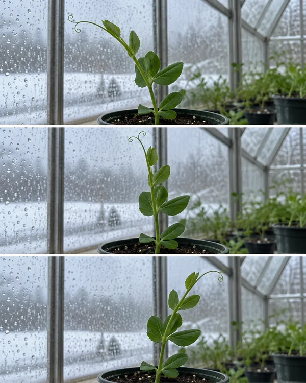 Three stacked photographs show a young pea plant in a nursery pot inside a greenhouse, its curled tendril angled left, upright, then right.
