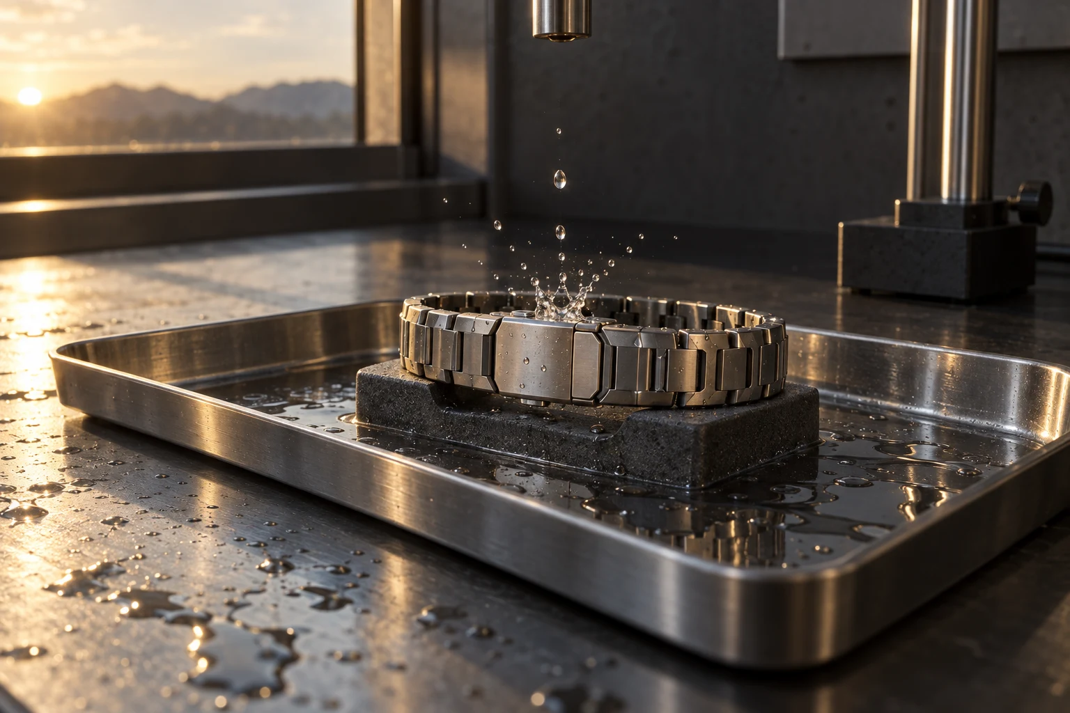 A silver-toned link bracelet rests on a dark cradle in a shallow stainless-steel tray as water droplets splash above it.
