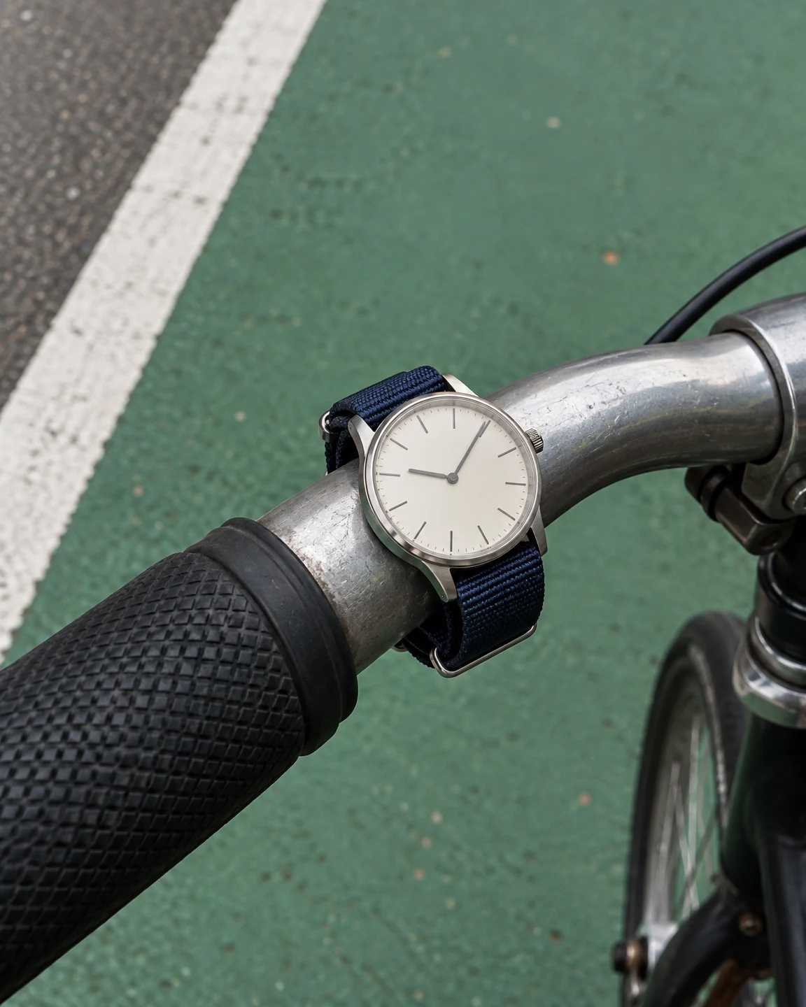 A cream-dial wristwatch with a navy woven strap is wrapped around a scratched silver bicycle handlebar above a textured black grip, against green pavement…