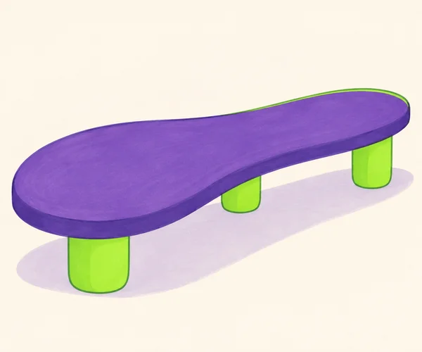 A long, asymmetrical violet coffee table with three chunky neon-green legs stands diagonally on a warm ivory background, with a pale-violet shadow beneath it.
