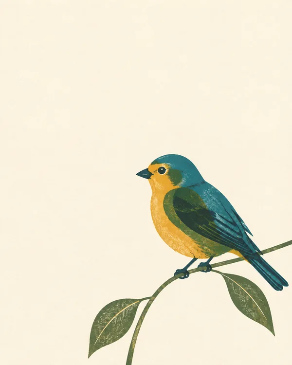 A teal-and-ochre garden bird faces left from a curved green stem with two leaves against a warm ivory background, rendered as textured screen-print artwork…