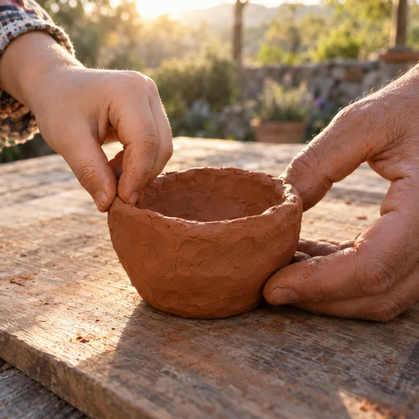 A small hand pinches the rim of a rough terracotta bowl while a larger hand steadies its base on a weathered wooden board outdoors; blurred greenery and a…