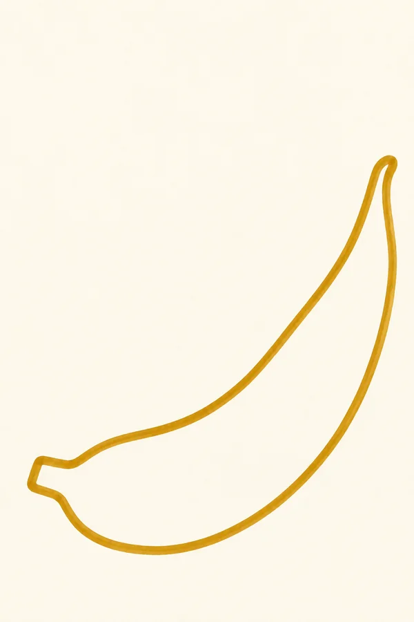 A large side-view banana outlined in golden ochre on warm ivory paper, angled from a blunt end at lower left to a long curved tip at upper right, with broad…