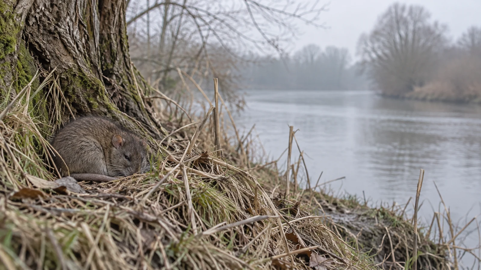 A brown rat rests curled among dry grass and fallen reeds at the base of a mossy willow beside a quiet river, with leafless trees fading into mist in the…