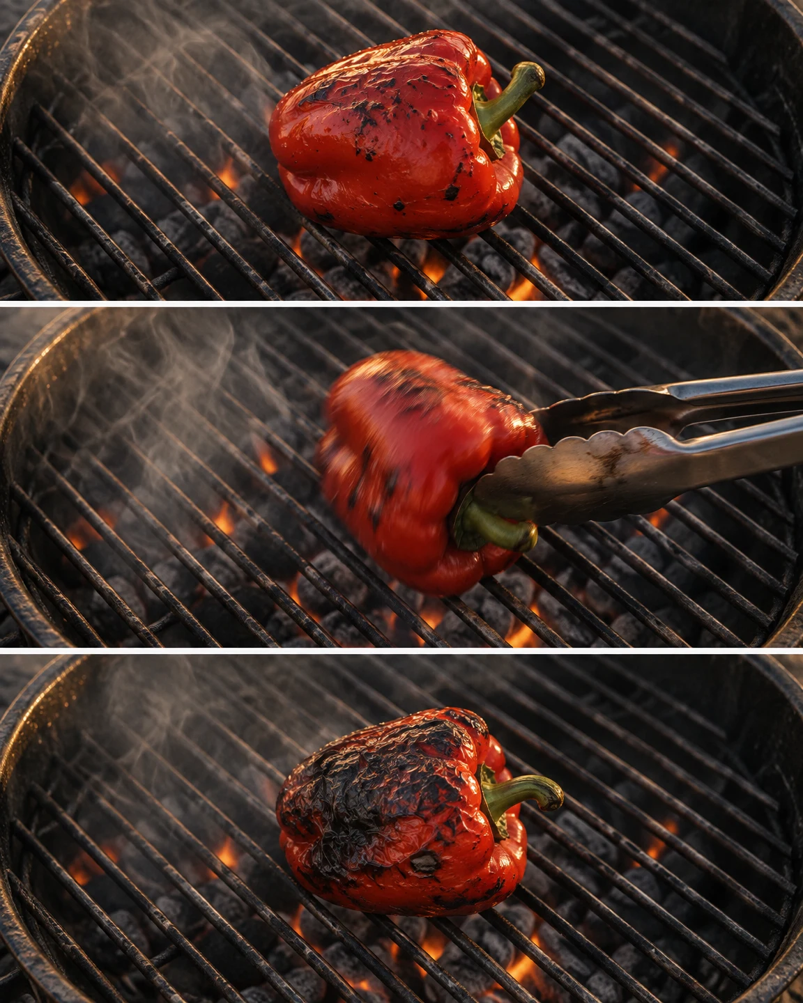 Three stacked views show a red bell pepper on diagonal grill bars: resting red-side up, being turned by metal tongs entering from the right, and resting with a…
