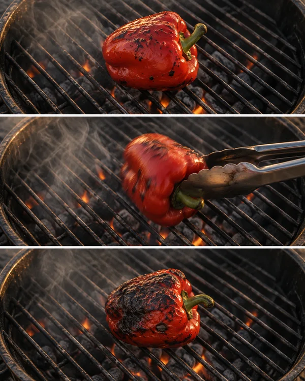 Three stacked views show a red bell pepper on diagonal grill bars: resting red-side up, being turned by metal tongs entering from the right, and resting with a…