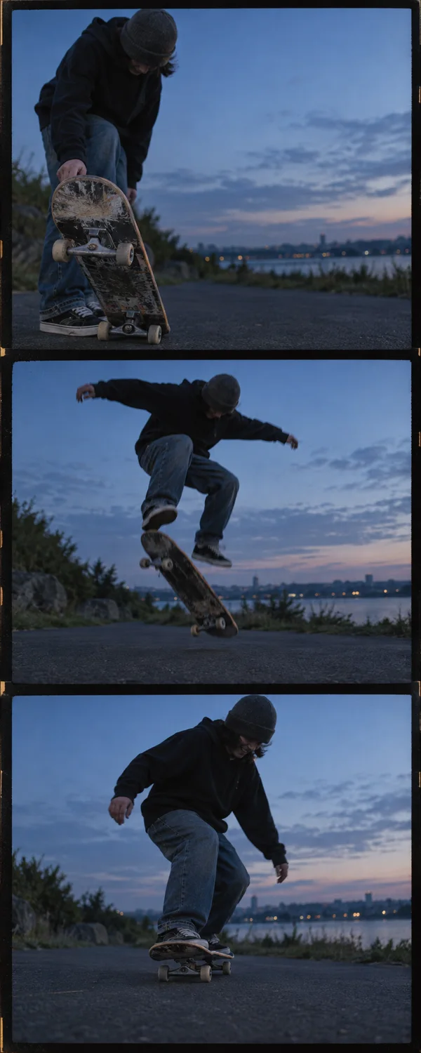 A three-frame vertical film-style sequence shows a beanie-wearing skateboarder preparing on a waterfront path, attempting a jump, and balancing on landing at…