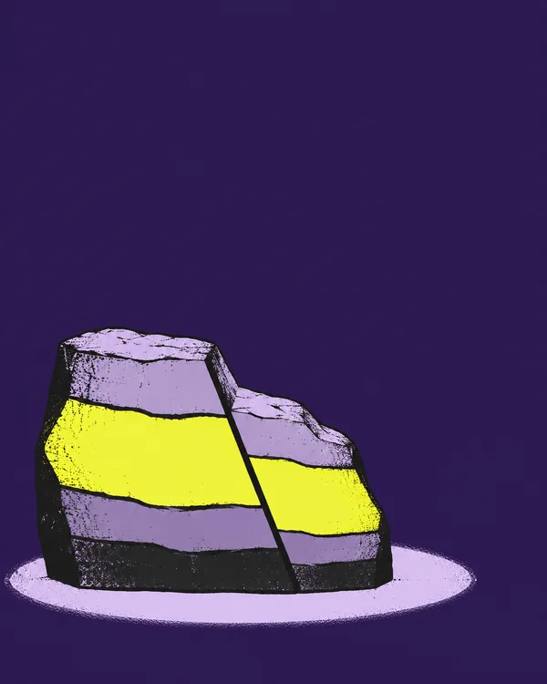 A squat, stepped rock cross-section sits on a pale-lavender oval against a deep-violet background.