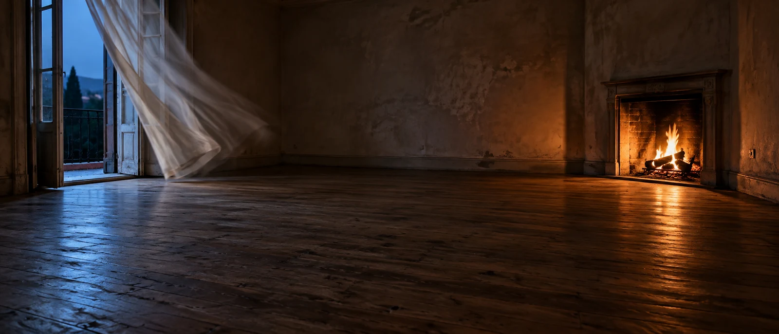 An empty, worn room with a broad timber floor, an open terrace door and a billowing ivory curtain on the left, and a lit fireplace on the right.