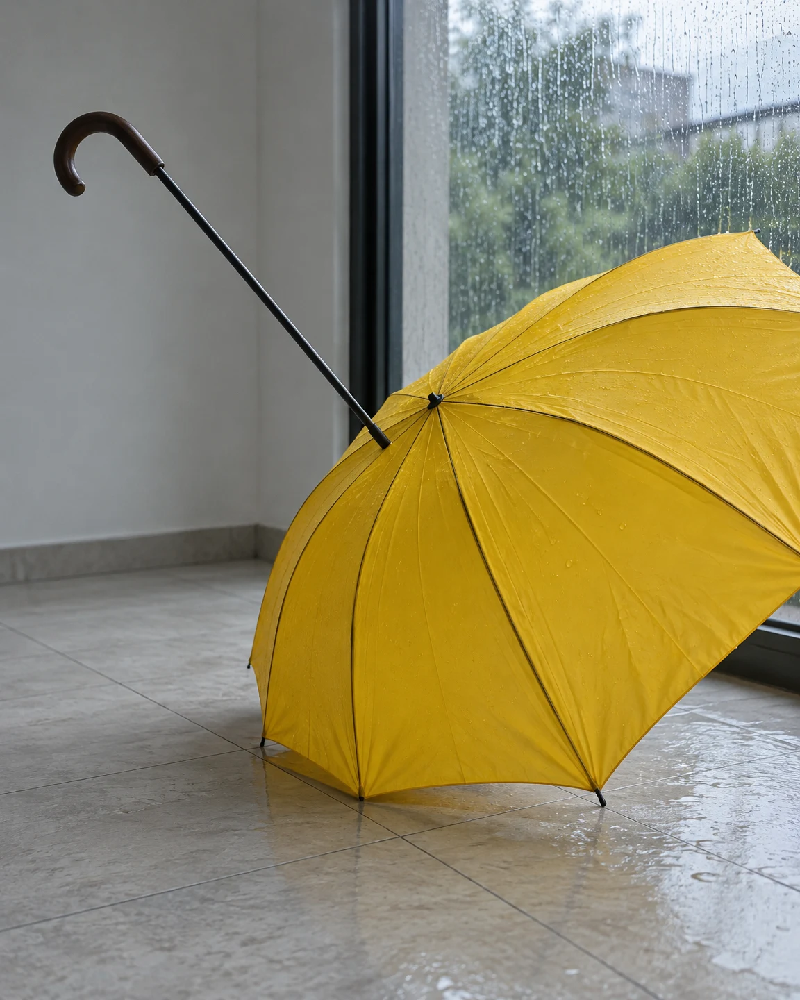 An open yellow umbrella rests on its canopy rim on a tiled floor beside a rain-streaked window, its dark shaft and curved handle extending diagonally into the…