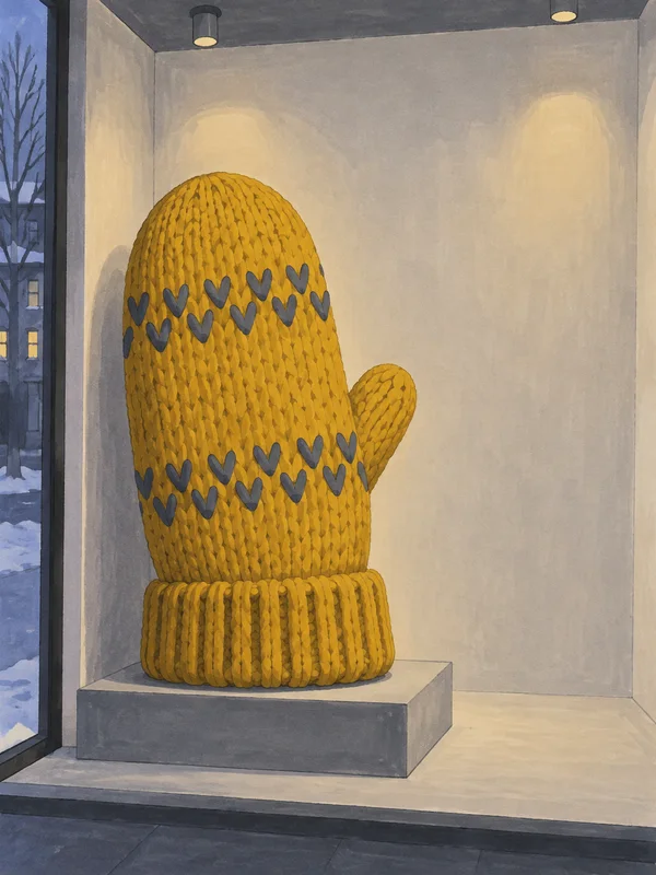 A large mustard knitted mitten stands on a wide gray plinth inside a warmly lit shop alcove, with two bands of gray V-shaped stitches and a snowy street…
