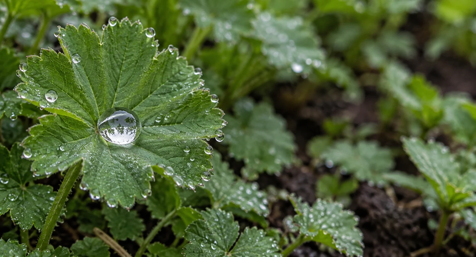A large scalloped green leaf beaded with water fills the left side; a clear central droplet reflects bright sky and dark tree shapes, with blurred foliage and…
