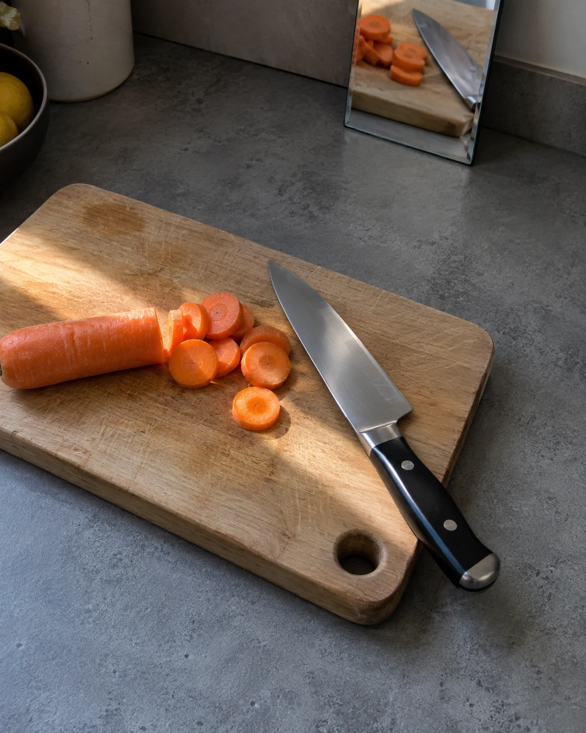 A wooden chopping board on a grey counter holds a partly cut carrot, several carrot rounds and a stainless-steel knife.