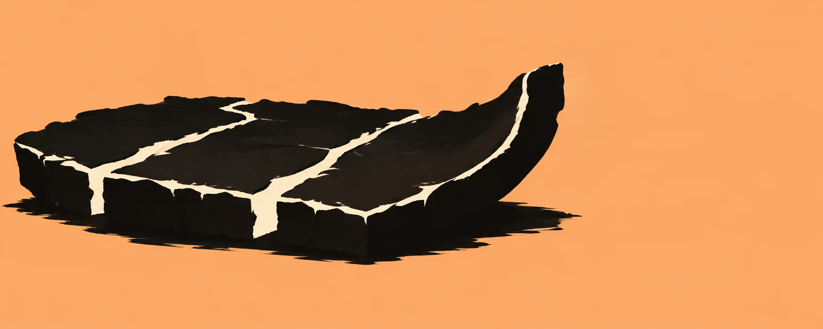 A broad black slab of cracked earth stretches across an apricot background, with its right edge curling up into a tall blunt lip and a dark ground shape…