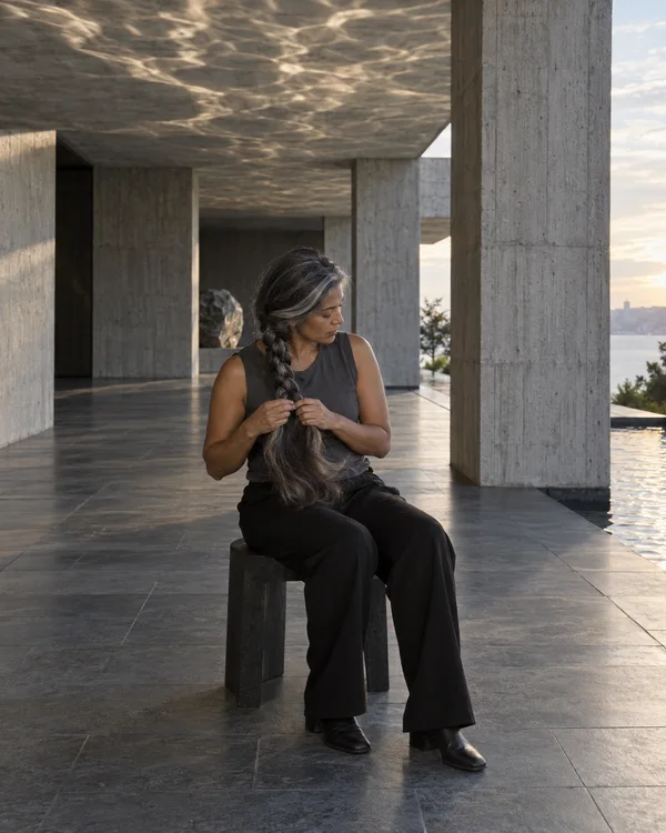 A silver-streaked woman in a dark sleeveless top and black trousers sits on a stool beneath a concrete canopy, holding a thick braid over her shoulder…
