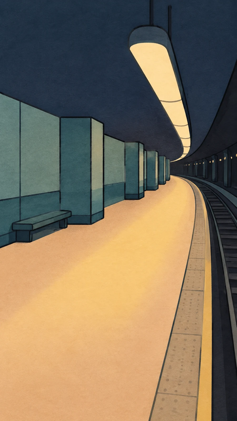 An empty subway platform curves into the distance, with a broad pale peach walkway beside a dark track on the right.