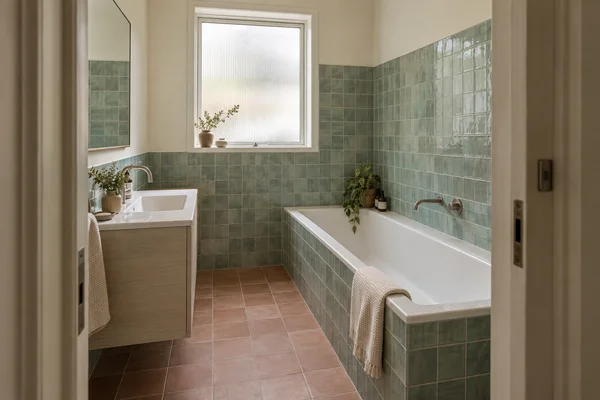 A compact bathroom viewed through an open doorway, with a white bath along the right wall, seafoam-green tiled walls, a pale-wood vanity and basin on the left…