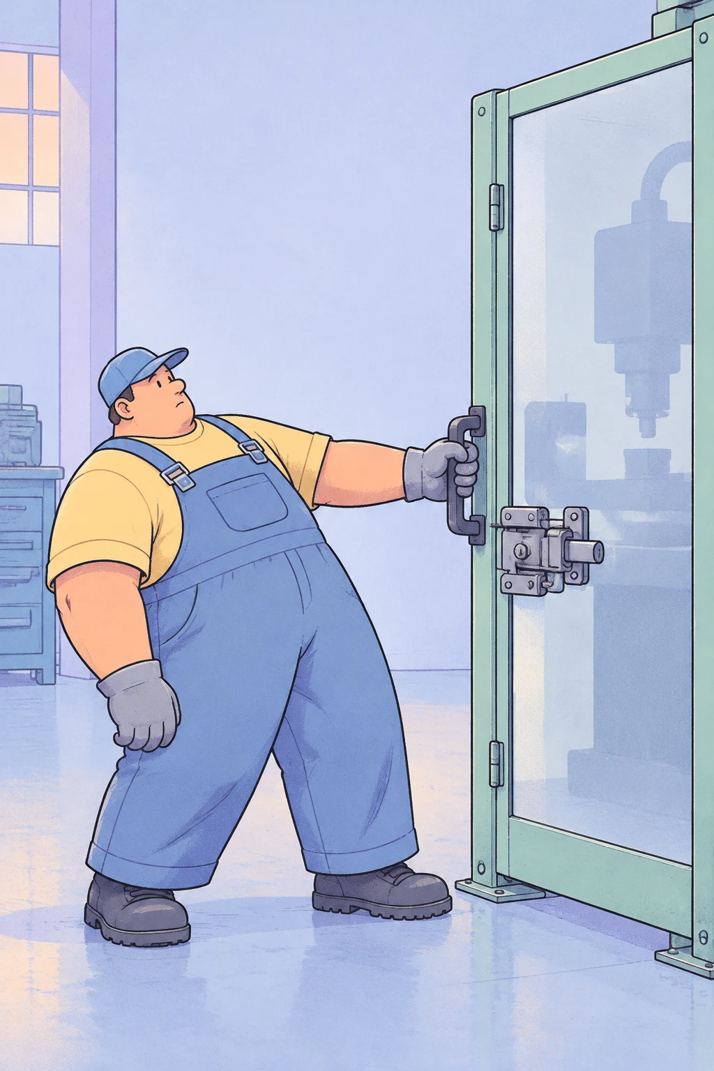 A stocky worker in a yellow shirt, blue overalls, cap and gloves leans back while gripping the handle of a closed, mint-framed machine guard.