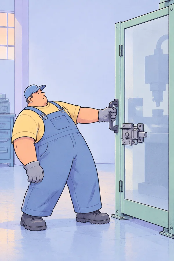 A stocky worker in a yellow shirt, blue overalls, cap and gloves leans back while gripping the handle of a closed, mint-framed machine guard.