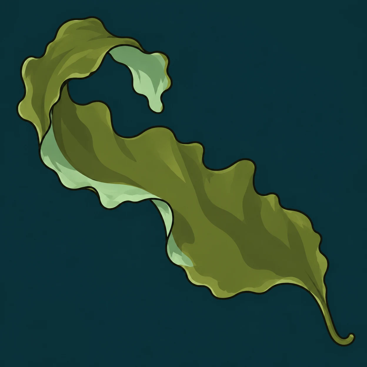A large olive-green seaweed blade with uneven ruffled edges sweeps diagonally across a deep petrol background, curling near the upper left and ending in a…