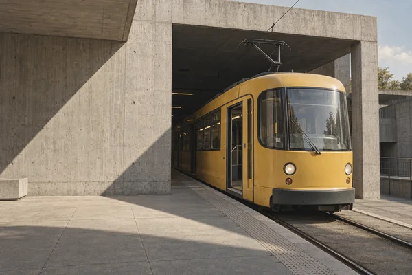 A mustard-yellow tram waits partly outside a rectangular concrete station portal, its rounded front in daylight and a side door open onto an empty platform.