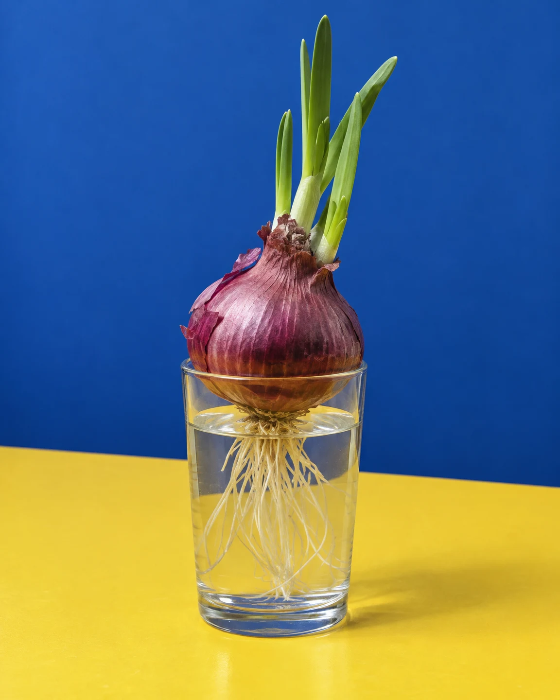 A sprouting red onion sits across the rim of a clear drinking glass filled with water, with pale roots visible inside and several green shoots rising against a…