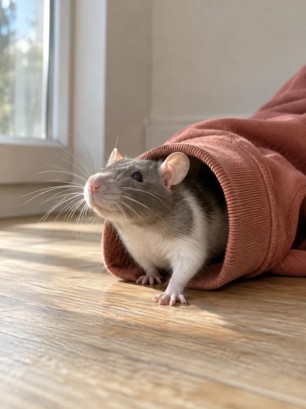 A grey-and-white rat emerges from the ribbed opening of a terracotta sweatshirt sleeve on a pale oak floor beside a window, with its whiskers forward and one…