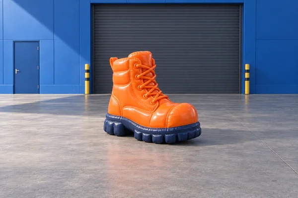 A glossy orange inflatable work boot with raised lace shapes and a dark navy segmented sole stands on a concrete floor in front of a closed roller shutter…