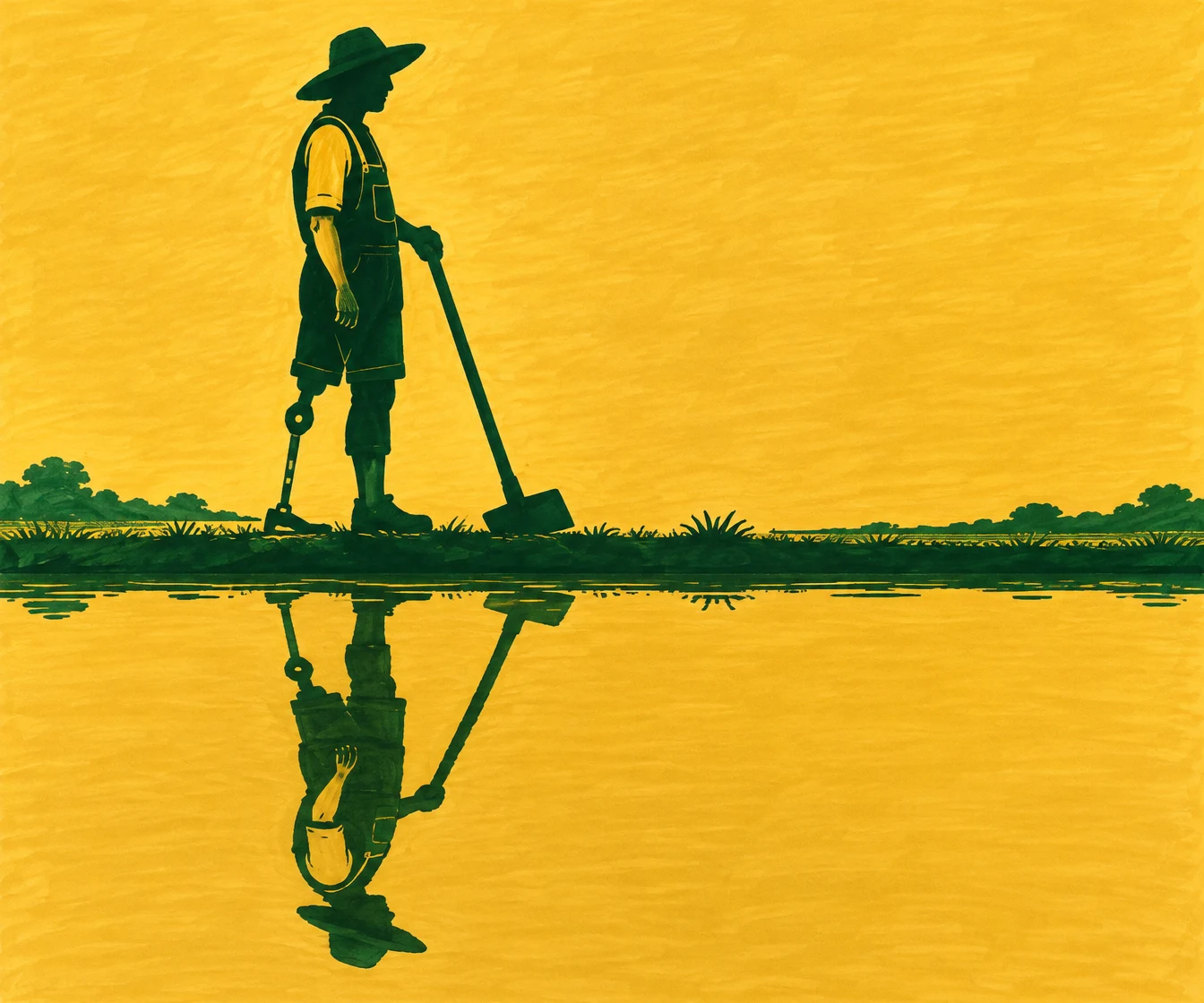 A green silhouetted farmer in a broad hat stands on a grassy irrigation bank, holding a long hoe beside a still pool that reflects the figure upside down.